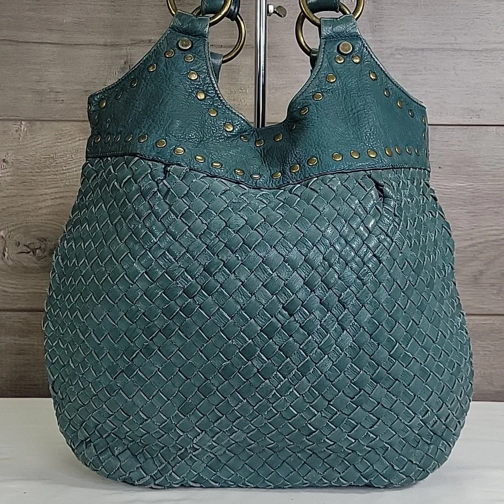 Fossil Teal Woven Hobo with Stud and Ring Accents
